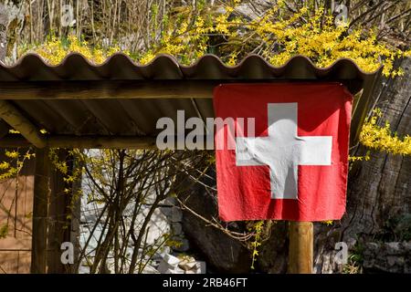 Flag, Sonlerto, Bavona valley, Canton Ticino, Switzerland Stock Photo