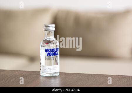 OSTRAVA, CZECH REPUBLIC - JUNE 21, 2023: Small bottle of Absolut Vodka spirit made from Swedish water and alcohol Stock Photo