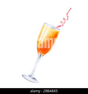 Watercolor illustration of glass goblet with orange cocktail with pink tube for drinks. Refreshing juice isolated on white background. For designers, Stock Photo