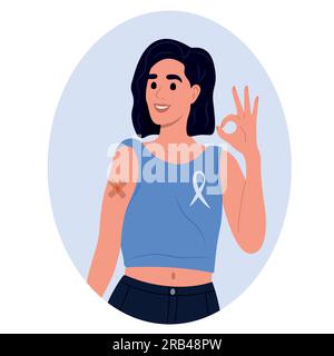 National Immunization Awareness Month. A vaccinated girl with a patch on her arm. Vector illustration. Stock Vector