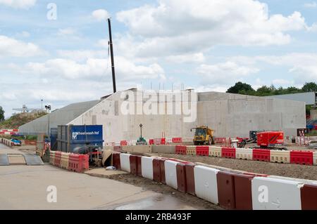 Ickenham, London Borough of Hillingdon, UK. 6th July, 2023. construction work at one of the HS2 compounds for the High Speed Rail link from London to Birmingham. A conveyor belt for moving spoil has been built across Breakspear Road South and a huge new bridge too. Credit: Maureen McLean/17�Թ����� Live News Stock Photo