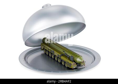 Restaurant cloche with scud missile, mobile short-range ballistic missile system, 3D rendering isolated on white background Stock Photo