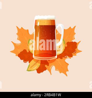 A mug of beer against a leafy background. octoberfest. Vector illustration of the logo Stock Vector