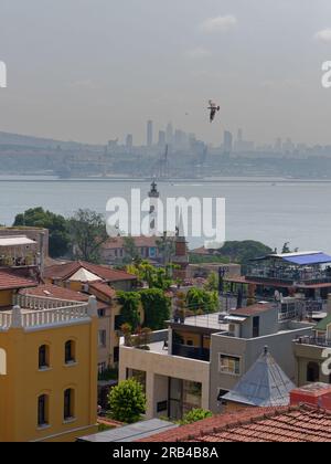 View from Seven Hills Restaurant across rooftops of Istanbul towards the Bosporus Sea and the Asian side of the city. Turkey Stock Photo