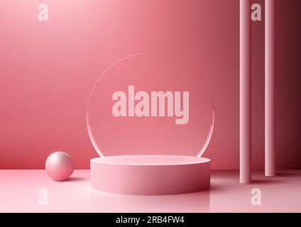 Discover the elegance of our 3D realistic pink podium set against a transparent glass backdrop, creating a modern interior concept mockup. This stunni Stock Vector