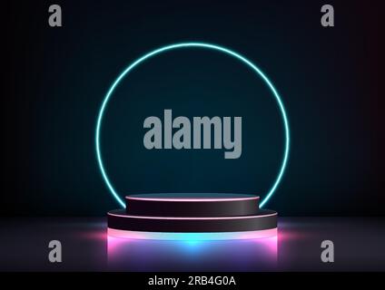 Experience the future with this futuristic 3D light podium stand decoration featuring a captivating blue neon glow. This vector illustrator technology Stock Vector