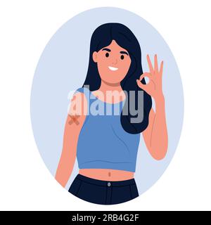 National Immunization Awareness Month. A vaccinated girl with a patch on her arm. Vector illustration. Stock Vector