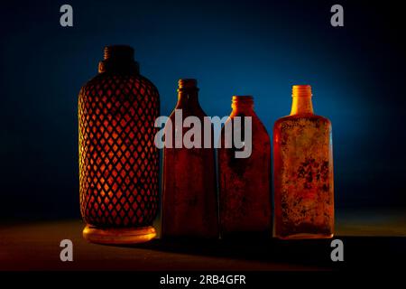 Vintage bottles on bluebackground Stock Photo