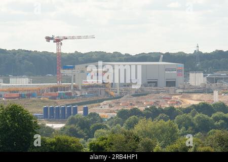 West Hyde, Hertfordshire, UK. 7th July, 2023. The HS2 South Portal High Speed Rail Site at West Hyde in Hertfordshire. The site includes a Viaduct Precast Factory where HS2 make the viaducts for railway on site. The former fields are unrecognisable now and the site covers a vast area. The building of the HS2 station at Euston has been put on hold by the Government. Many people believe that the HS2 project should be stopped completely and the money spent on the NHS and cost of living crisis instead. Credit: Maureen McLean/Alamy Live News Stock Photo