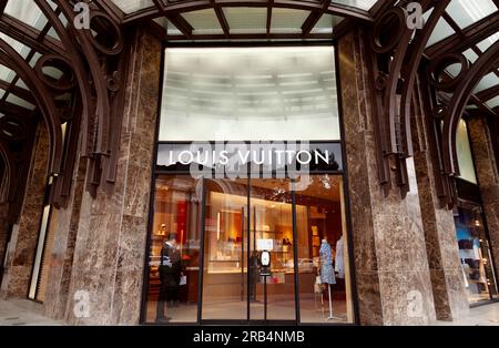 Ho Chi Minh City, Vietnam - June 4, 2023: Commercial sign with Luis Vuitton logo on an expensive fashion store. Popular luxury clothing and footwear b Stock Photo