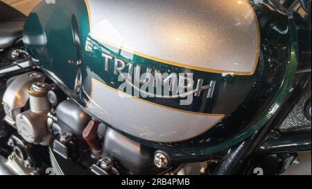 Bordeaux ,  France - 06 27 2023 : triumph bonneville bobber vintage logo sign and text on green silver fuel tank vintage motorbike Stock Photo