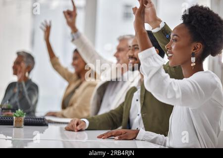 Meeting, workshop and questions with business people hands raised in the boardroom during a strategy session. Planning, seminar and a group of Stock Photo