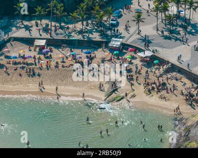 Aerial view of  Ipanema beach. People sunbathing and playing on the beach, sea sports. Surfing. Rio de Janeiro. Brazil Stock Photo
