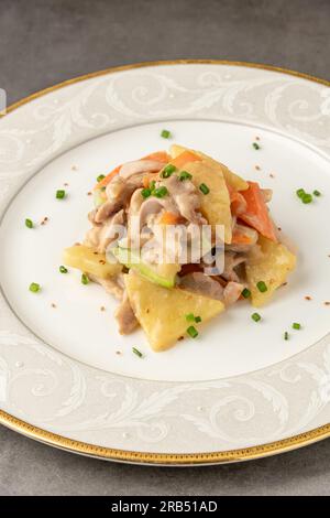 Hot and sour chicken sauteed with carrots, potatoes and zucchini. Asian Cuisine Stock Photo