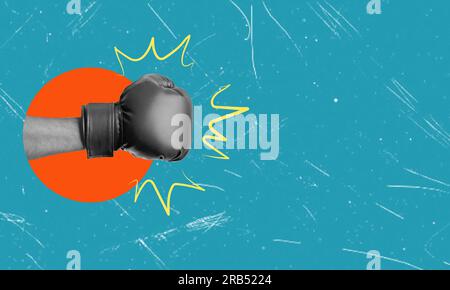 Creative image of a hand in boxing gloves on a blue background. The concept of inspiration, creativity, and sports. Art collage. Stock Photo