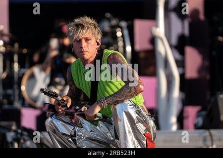 Colson Baker, artistically known as Machine Gun Kelly or simply Kells, American musician, rapper, singer and actor, seen during a performance on the first day of the Mad Cool 2023 festival, in Villaverde. Stock Photo