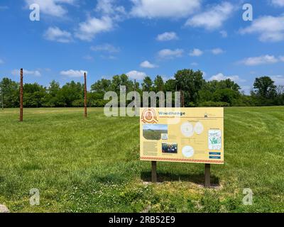 Fairmont City, IL USA - May 9, 2023:  The Woodhenge prehistoric solar calendar at the Cahokia Mounds State Historic Site in Fairmont City, Illinois. Stock Photo