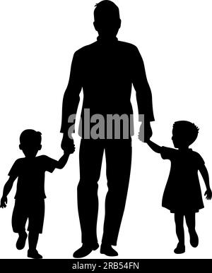 Father with son and daughter walking silhouette. Vector illustration Stock Vector
