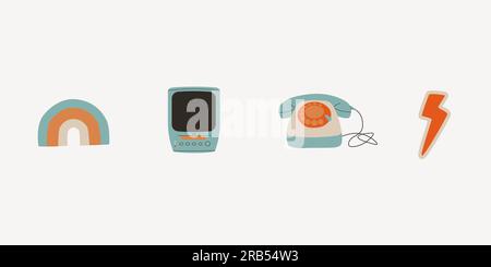 Set of retro elements from the 80s and 90s. TV with VHS, rainbow, landline phone with circular dialing, lightning. Vector flat trend illustration. Stock Vector