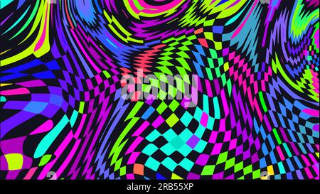 Distorted twisted checkered background. Trippy strip psychedelic pattern. Stock Vector
