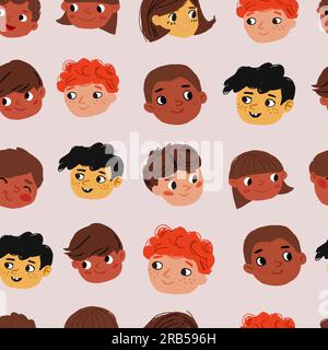 Vector seamless pattern with happy smileys colorful. Smiling emoticons. Hand drawn trendy Vector illustration for kids. Good for Fabric, textile, giftware, wallpaper, for book design and more. Vector illustration Stock Vector