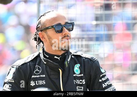 Silverstone, UK. 07th July, 2023. 7th July 2023: Silverstone Circuit, Northamptonshire, England: Formula 1 2023 Aramco British F1 Grand Prix: Free Practice Day;  Lewis Hamilton of the Mercedes team in the pit lane Credit: Action Plus Sports Images/Alamy Live News Stock Photo