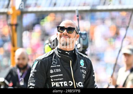 Silverstone, UK. 07th July, 2023. 7th July 2023: Silverstone Circuit, Northamptonshire, England: Formula 1 2023 Aramco British F1 Grand Prix: Free Practice Day; Lewis Hamilton of the Mercedes team in the pit lane Credit: Action Plus Sports Images/Alamy Live News Stock Photo