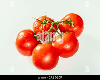 A bunch of large red tomatoes with water drops on a white background. Stock Photo