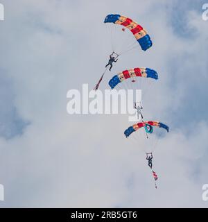 Miitary Parachute display by the RAF Falcons Parachute Display Team at RAF Cosford Airshow 2023,  RAF Cosford, United Kingdom on 11th June 2023 Stock Photo