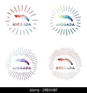 Anegada low poly sunburst set. Logo of island in geometric polygonal style. Vector illustration. Stock Vector