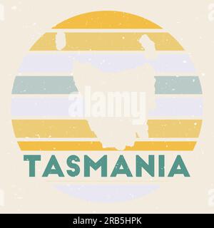 Tasmania logo. Sign with the map of island and colored stripes, vector illustration. Can be used as insignia, logotype, label, sticker or badge of the Stock Vector