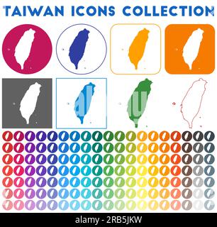 Taiwan icons collection. Bright colorful trendy map icons. Modern Taiwan badge with country map. Vector illustration. Stock Vector
