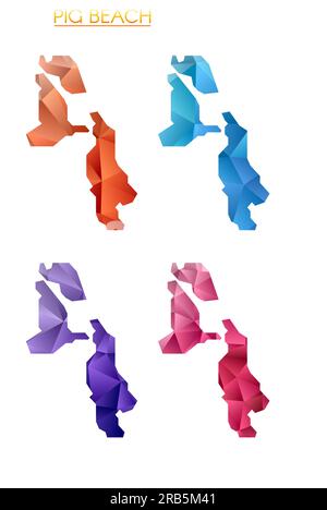 Set of vector polygonal maps of Pig Beach. Bright gradient map of island in low poly style. Stock Vector
