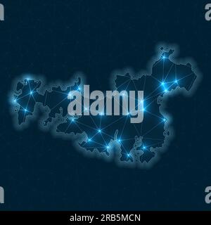 Waiheke Island network map. Abstract geometric map of the island. Digital connections and telecommunication design. Glowing internet network. Stock Vector