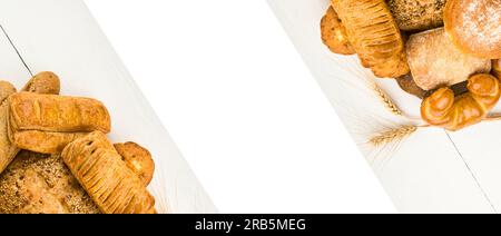 Buns, croissants and other pastries on a white background. Free space for text. Wide photo. Collage. Stock Photo