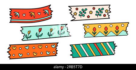 School washi tape cartoon in doodle retro style. Back to school stationery element bold bright. Classic supplies for children education or office. Fun Stock Vector
