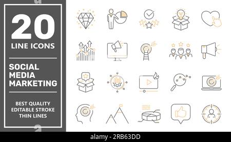 Digital marketing icon set. Containing seo, content, website, social media, sales and online advertising. Solid vector symbol collection. Editable Stock Vector