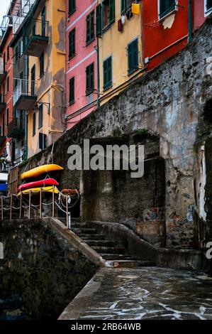 Borgo Storico di Riomaggiore translates literally as the old town of Riomaggiore, and is fishing and grape growing town of the Cinque Terre, Italy. Stock Photo