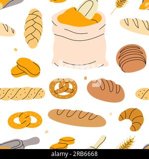 Fresh breads pattern. Bakery pastry products seamless banner. Whole grain and wheat bread. Colored bakery products background. Stock Vector