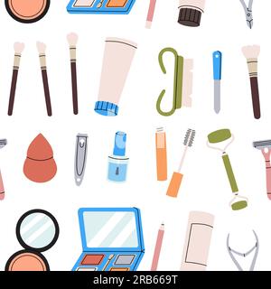 Beauty salon pattern. Makeup seamless background. Beauty salon tools. Makeup tools banner. Stock Vector