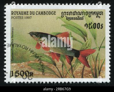 RUSSIA KALININGRAD, 27 MARCH 2019: stamp printed by Cambodia shows postage stamp with fish, circa 1999 Stock Photo