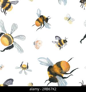 Watercolor bees seamless pattern isolated on white background. hand ...