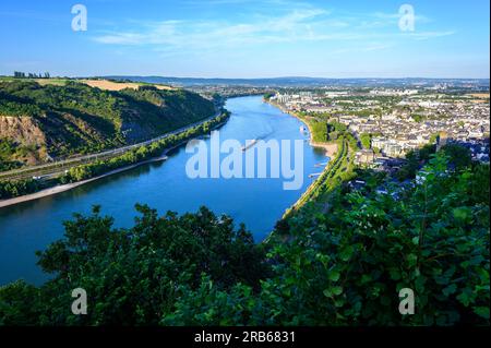 The Rhine river seen from atop a hill north of Andernach looking towards the south with Neuwied visible in the distance. Stock Photo