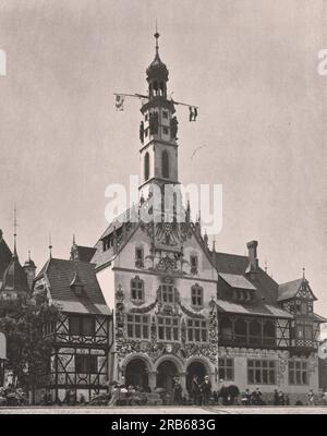 German pavilion (or German House) at Chicago's 1893 World's Columbian Exposition. It is modelled after the old town hall of Rothenburg ob der Tauber in Franconia, Germany. It remained standing after the end of the Expo. Stock Photo