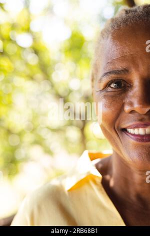 Half portrait of happy senior african american woman in sunny nature with copy space. Senior lifestyle, relaxing, retirement and wellbeing in nature, Stock Photo