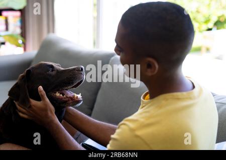 Happy biracial man petting dog, sitting in sunny living room at home. Pets, relaxation, lifestyle and domestic life, unaltered. Stock Photo