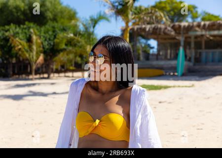 Happy biracial woman wearing sunglasses sitting on sunny beach smiling. Summer, free time, relaxation, lifestyle and vacation, unaltered. Stock Photo
