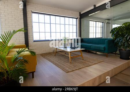 Casual office lounge break out area with sofas, coffee table, plants and big windows, copy space. Business, workspace, interior, creative work and cas Stock Photo