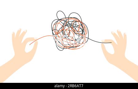 Abstract metaphor of psychotherapy. Psychologist hands untangling tangled thoughts. Chaos in the mind. Vector concept of solving difficult situation. Stock Vector