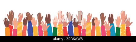 International youth day. Happy LeftHanders Day. Group raised arms of colleagues or friends diverse culture. Community people diversity. Compassion. Stock Vector